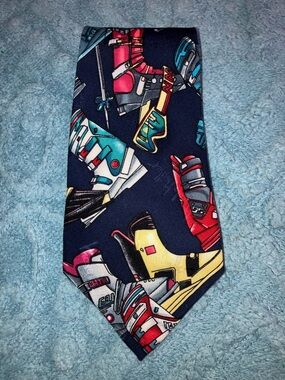Nicole Miller Navy Tie with Red, Yellow, Teal Skiing Motif Hand Sewn Silk